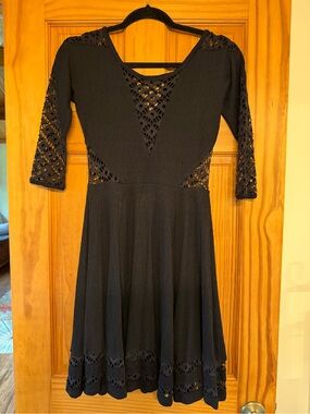 FREE PEOPLE Lace Peasant Gauze Dress Black  Fit & Flare Baby Doll Size XS